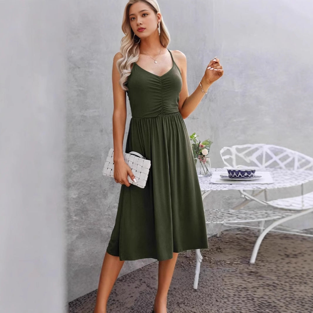 Women's Summer Fashion Temperament Solid Color Suspender Dress