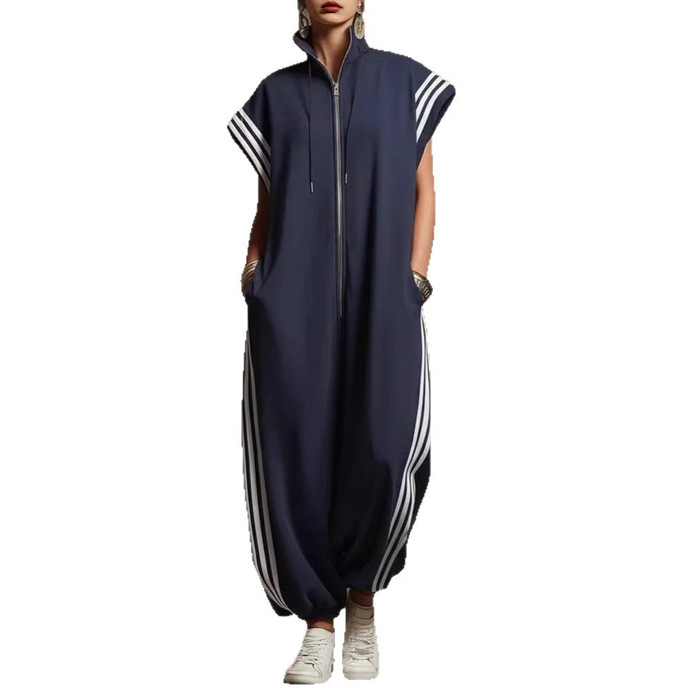 Zipped Stand Collar Striped Contrast Color Fashion Quick Women's Jumpsuit/clothing