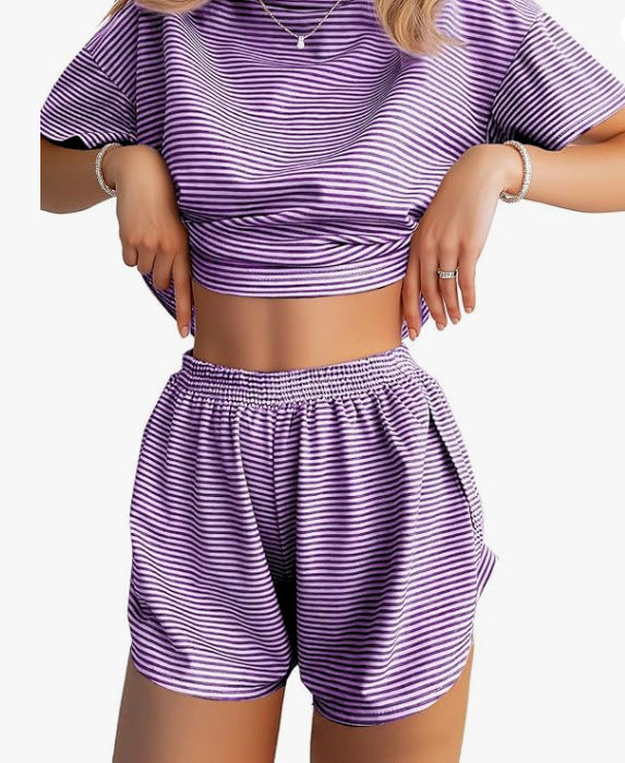 Women's Summer Simple Comfortable Striped Sleeve Elastic Waist Home Wear Two-piece Fashion Casual Suit