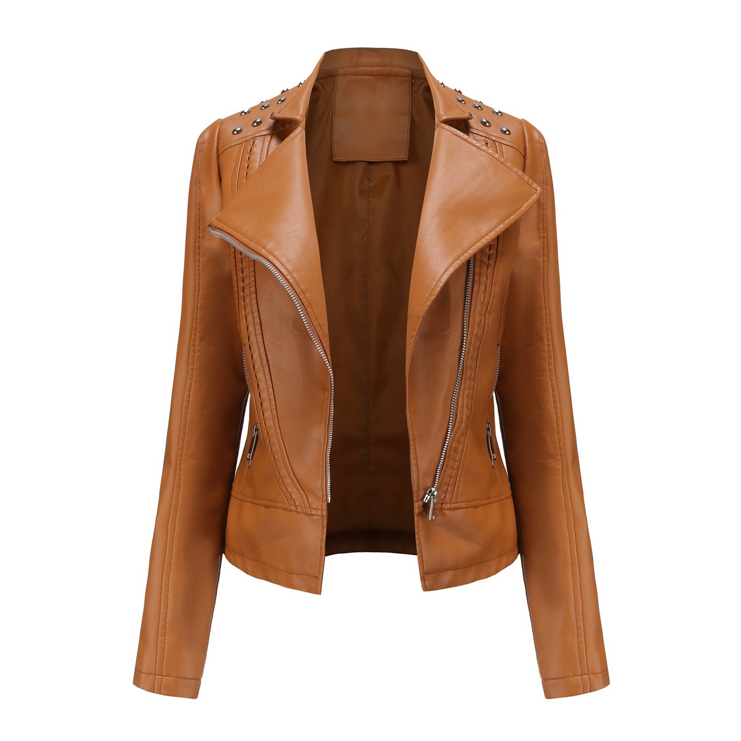 Women's European Beaded Leather Long-sleeved Fashion Lapel Clothing