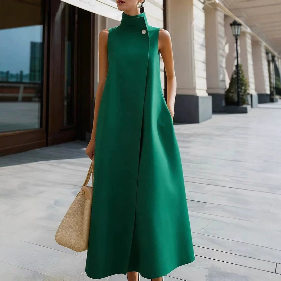 Elegant Commuter Stand Collar One Button Solid Color Sleeveless Dress