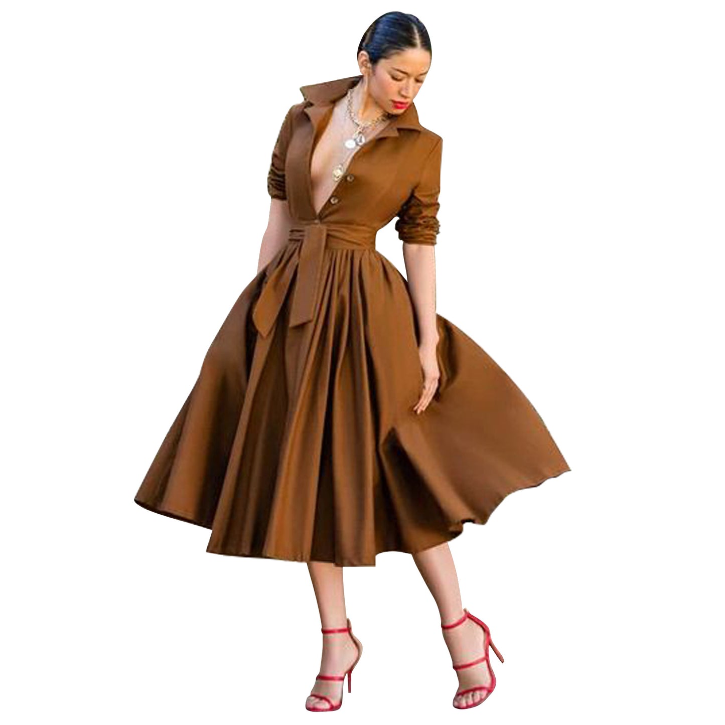 Women's Wear Long Sleeve Large Hem Solid Dresses