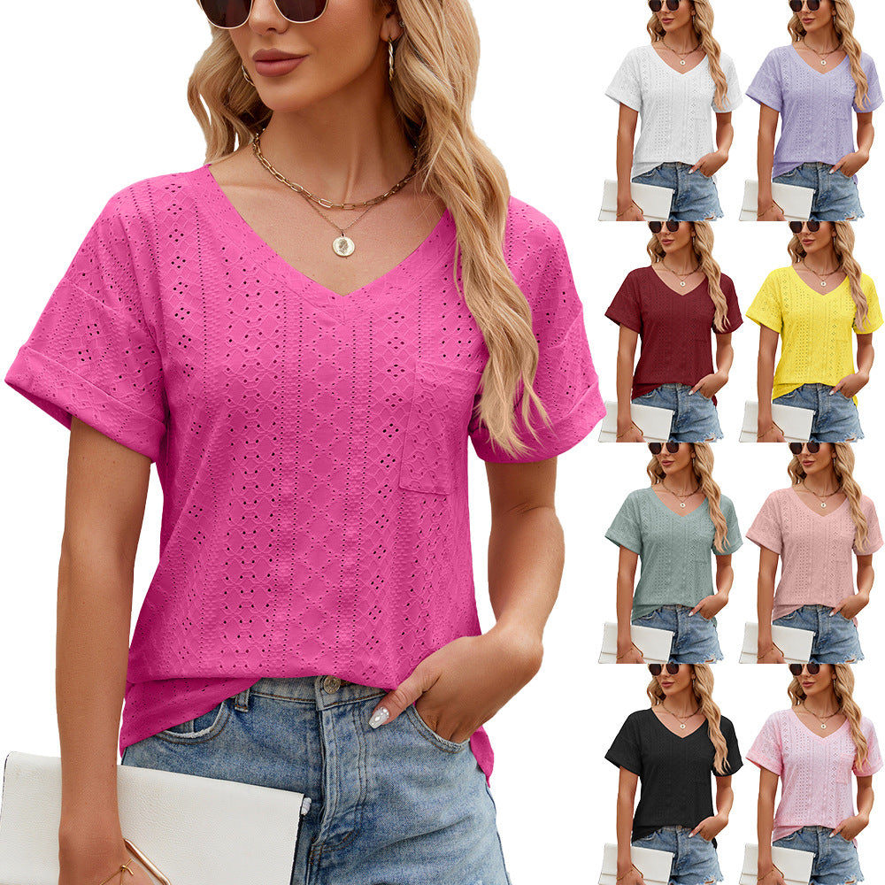 Solid Color Pocket Loose Sleeve Ladies Women's T-shirt