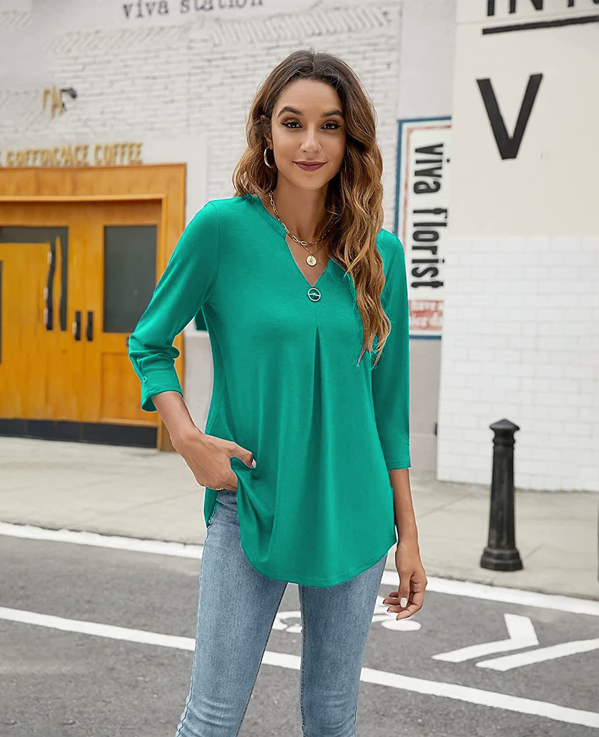 Women's Three-quarter Sleeve Solid Color Clinch Pleated Women's T-shirt