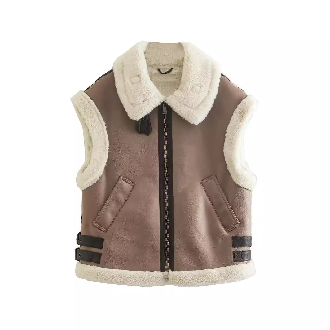 Women's Three-color Fleece Stitching Lapel Zipper Vests