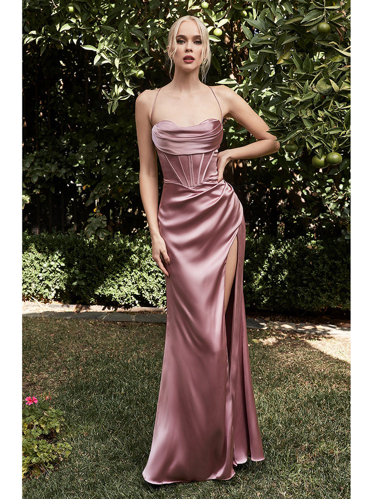 Color Fishbone Sling Front Slit Backless Dresses