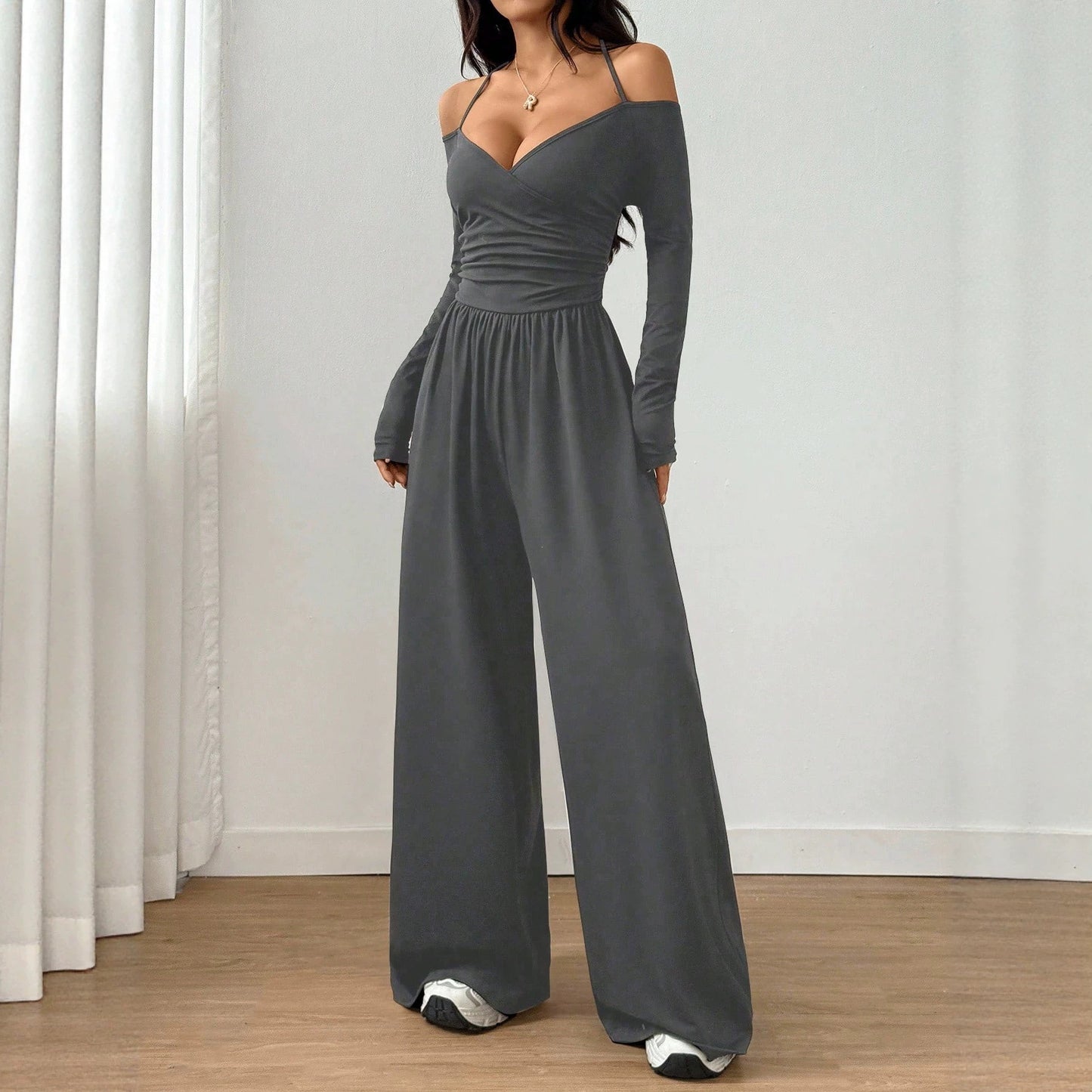 Women's Halter Long Sleeve Tight Waist Wide Leg Women's Jumpsuit/clothing