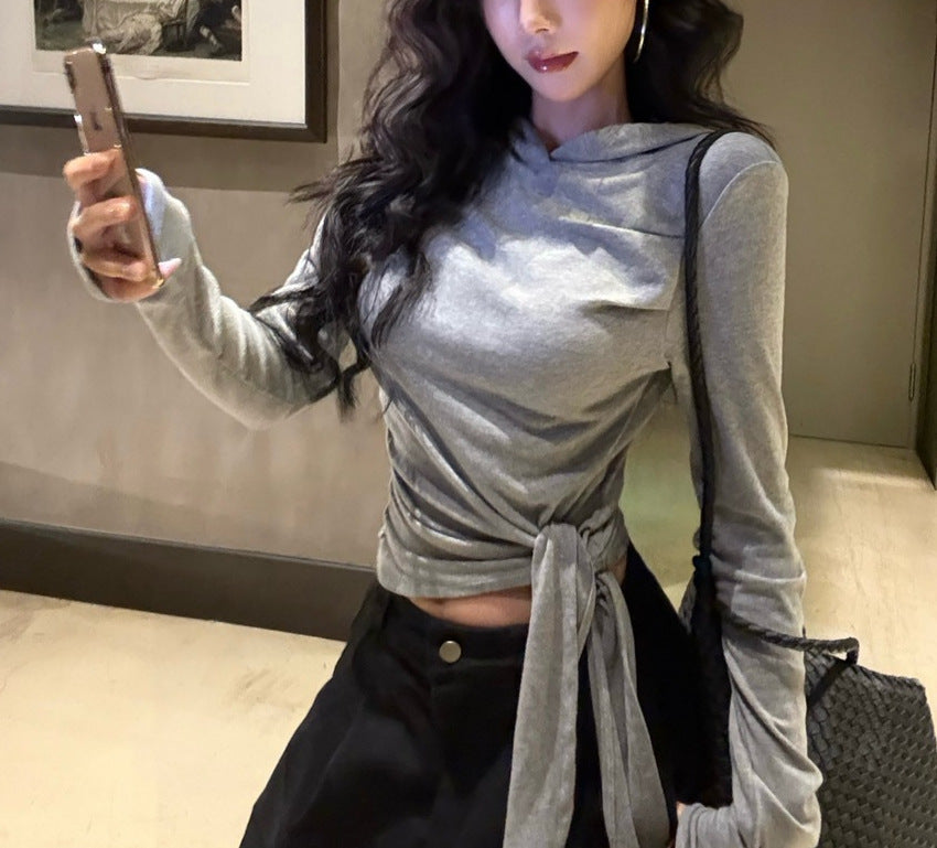 Hot Asymmetric Hooded Long-sleeved T-shirt Slimming Bottoming Blouses