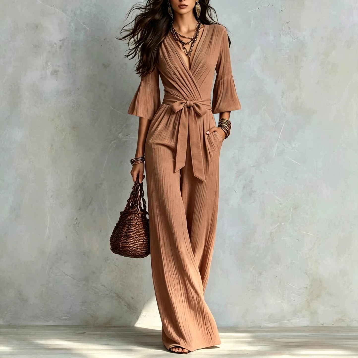 Deep V Puff Sleeve One-piece Female Belt Jumpsuits