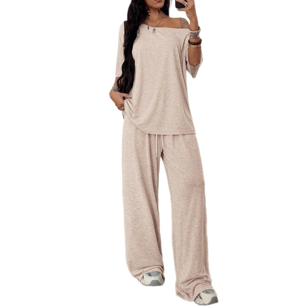 Women's Diagonal Collar Solid Color Sports Two-piece Loose Fashion Casual Suit