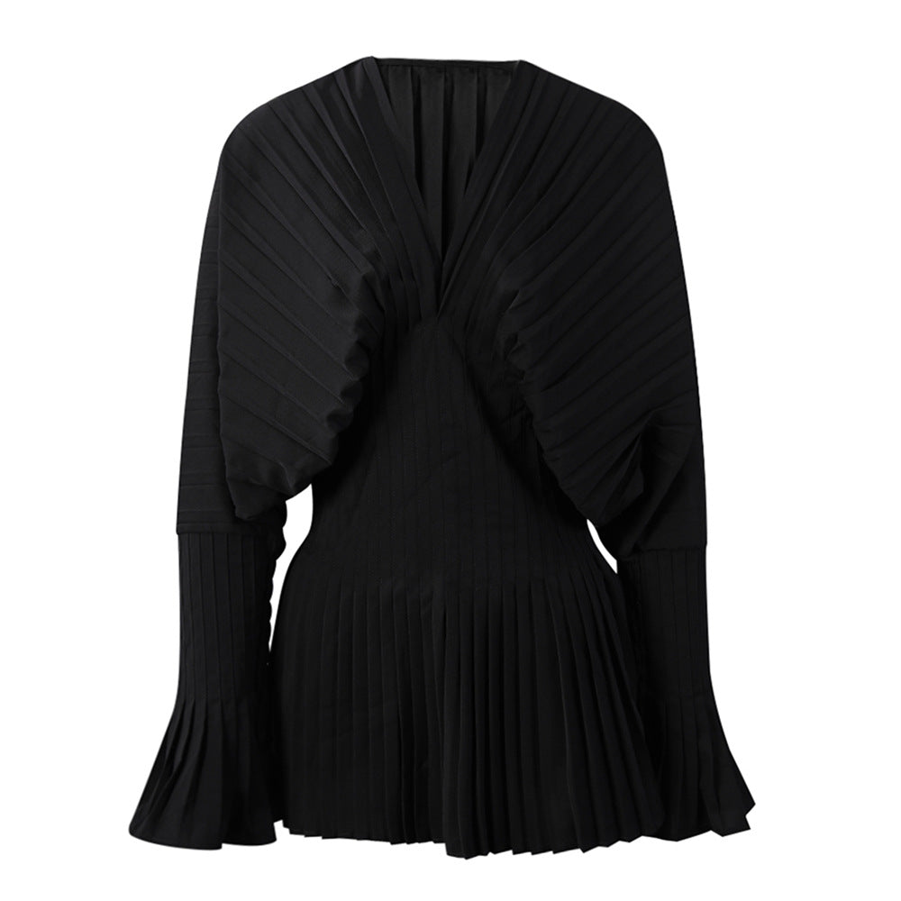 Temperament Slimming Autumn Waist Pleated Bell Tops