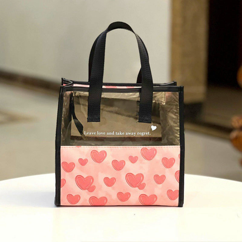 Zipper Translucent Love Peach Heart Flocking Large Capacity Portable Handbags