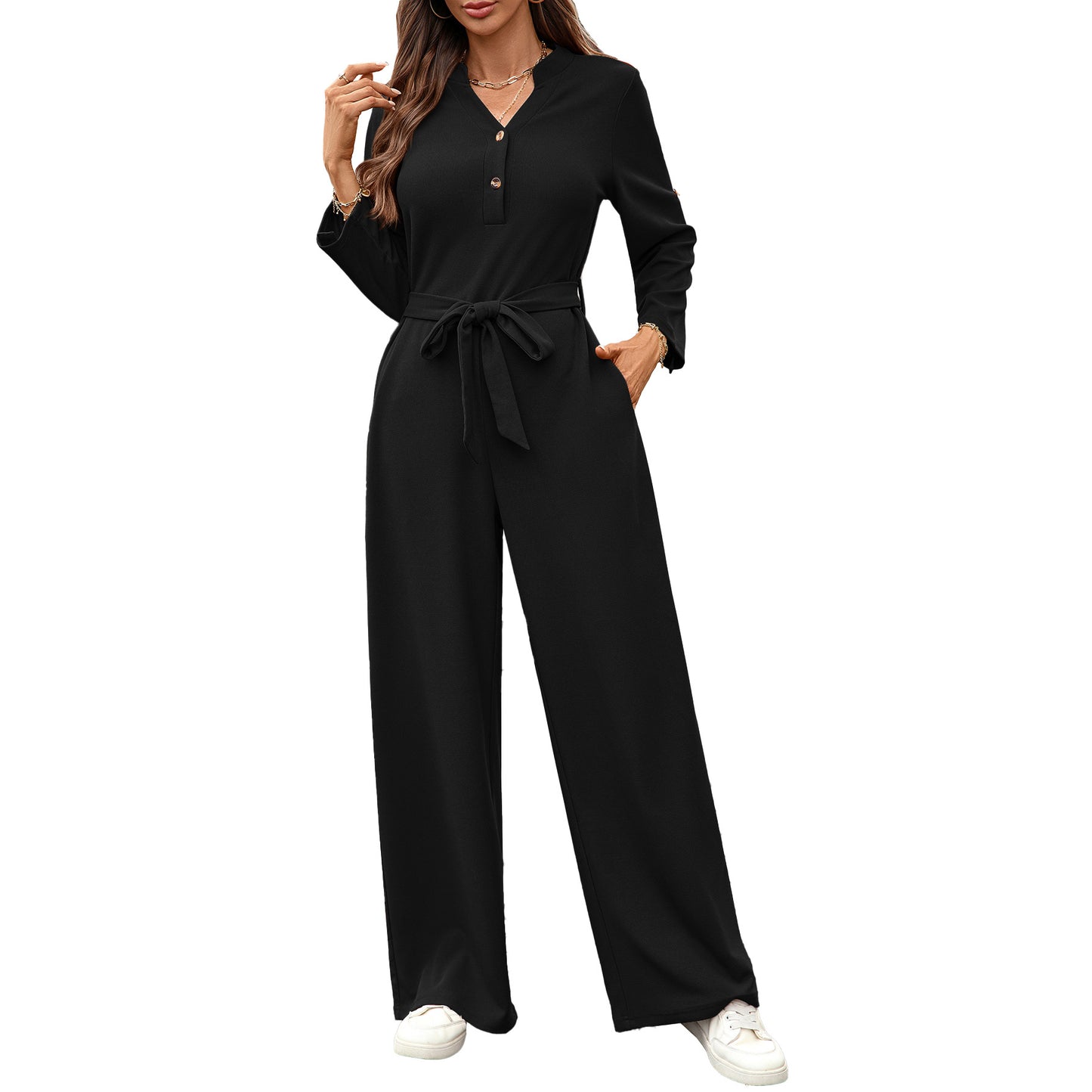 Solid Color High Waist Button Long Sleeve Women's Jumpsuit/clothing