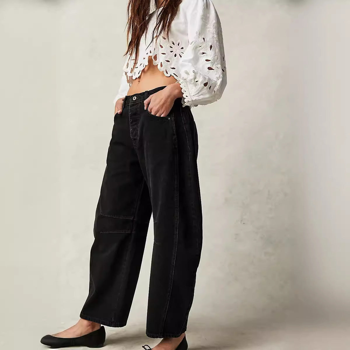 Women's Casual Loose Waist Washed Denim Trousers American Women's Jeans