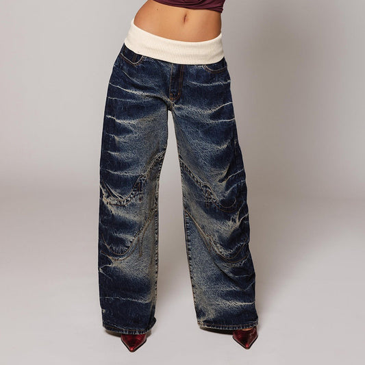 Women's & Men's & Waist Head Washed Worn Trendy Jeans