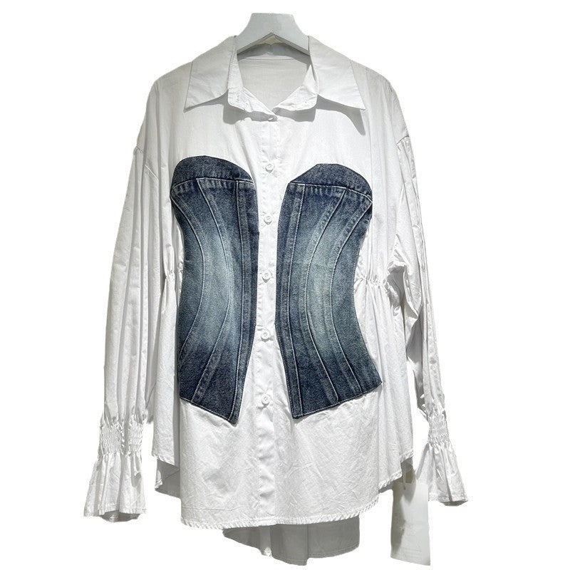 Women's Design Long Sleeve Stitching Denim Waist Blouses