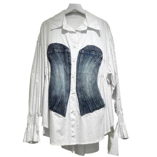 Women's Design Long Sleeve Stitching Denim Waist Blouses