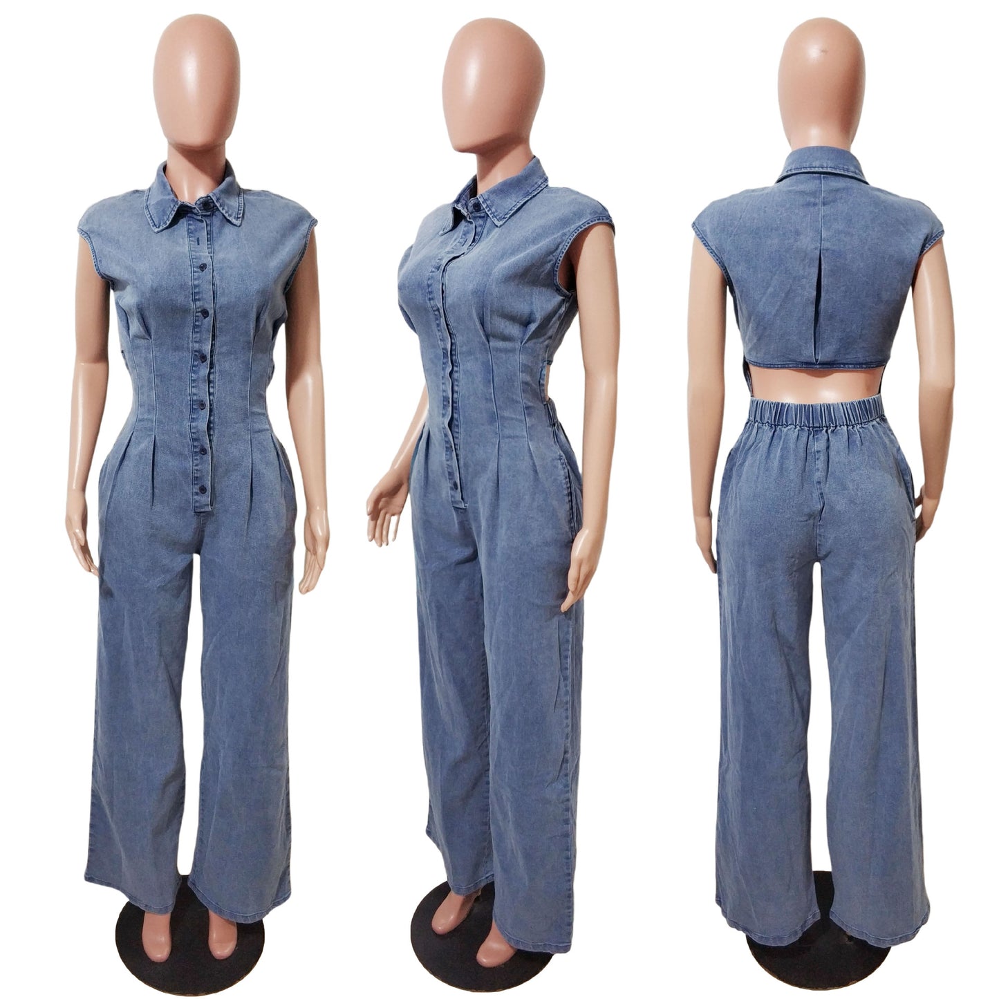 Waist Slim Elastic Washing Denim Straight Jumpsuits
