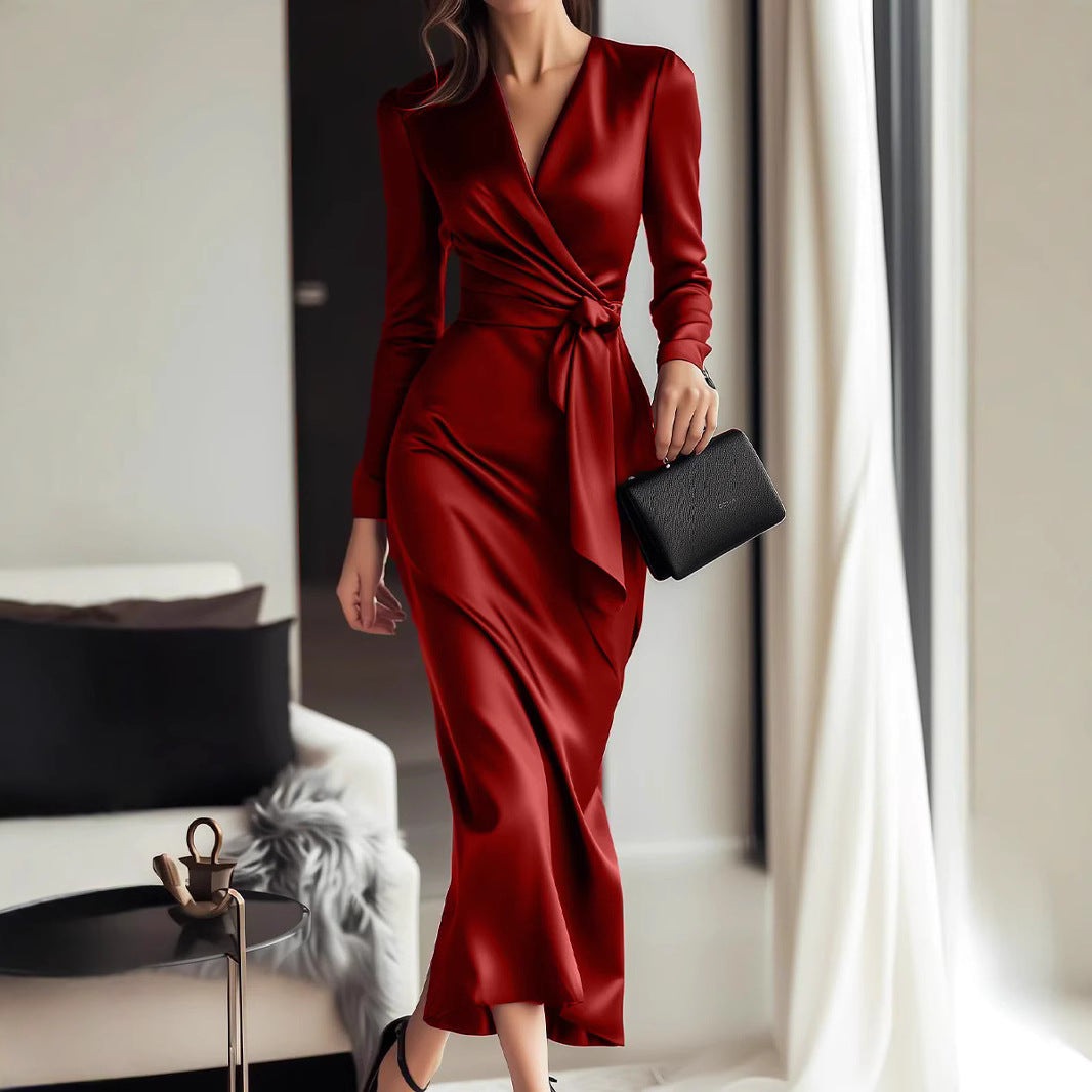 Women's Temperament Long Dress Hepburn Style Satin Dresses