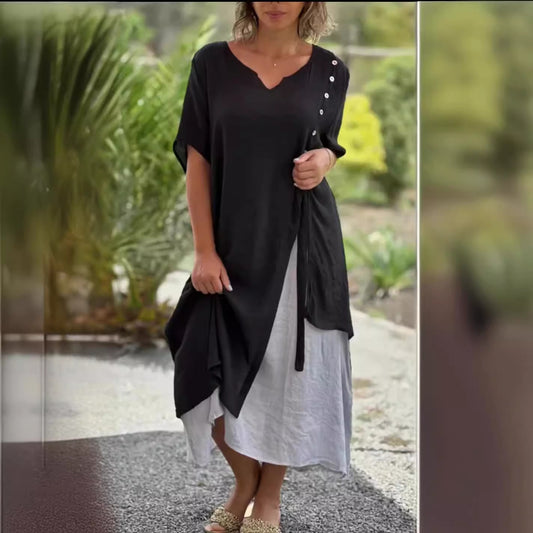 Women's Fashion Sleeve Fake Two-piece Asymmetric Dress Dresses