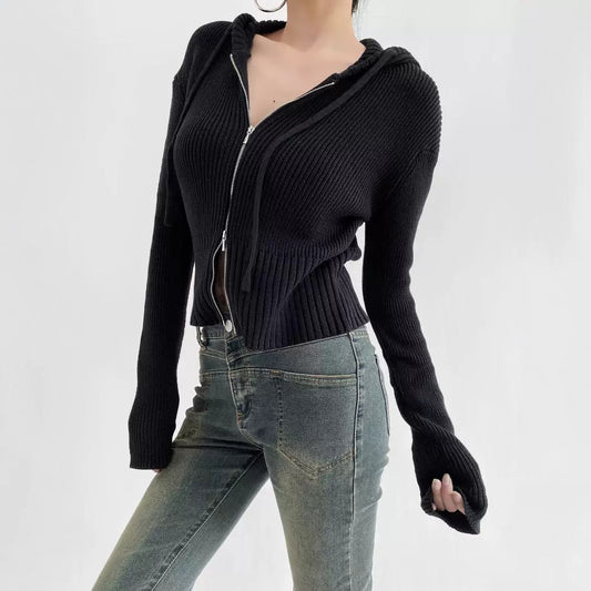 Women's Hooded Zipper Knitted Early Autumn Long Sleeve Knitwear