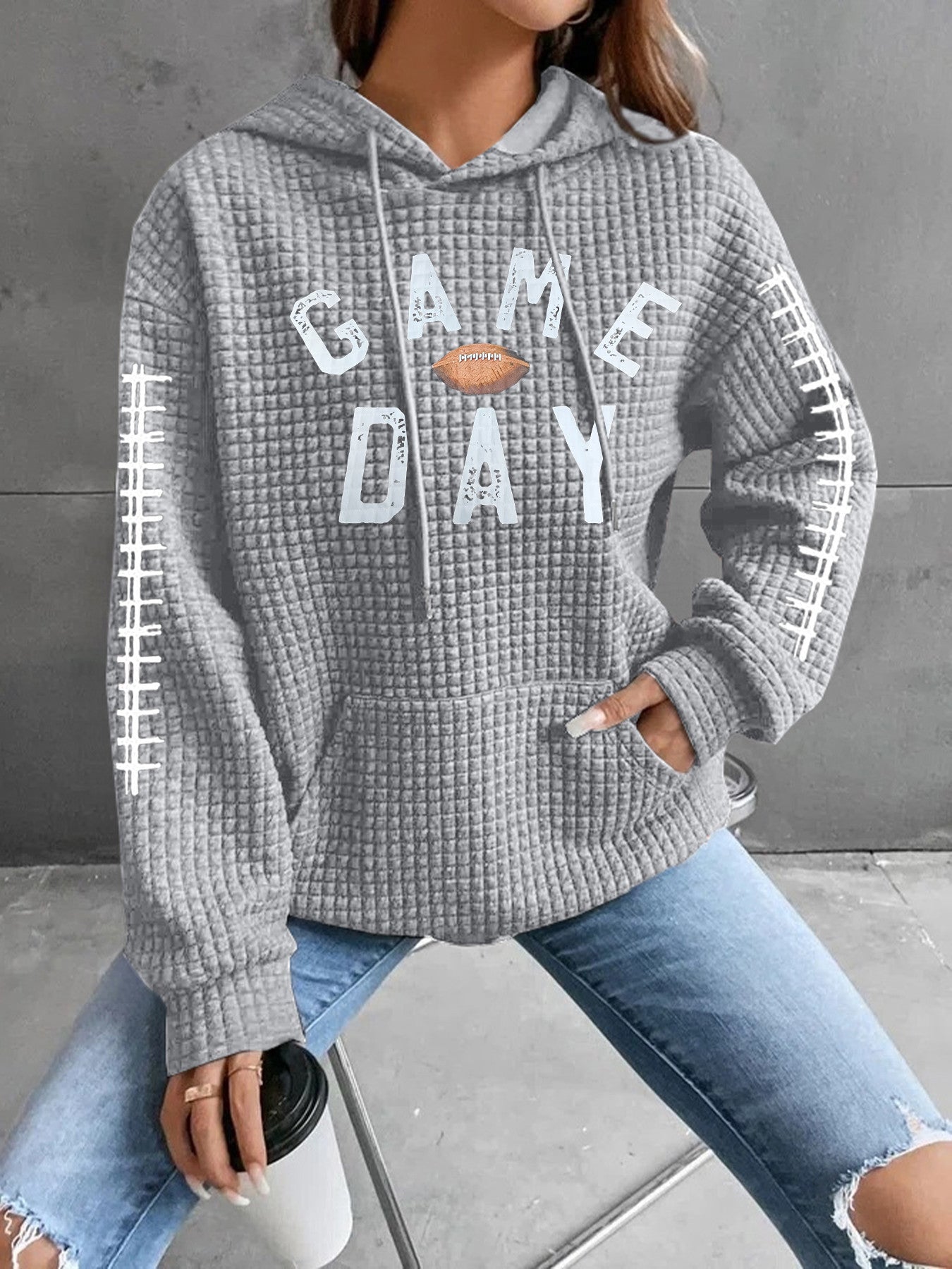 Women's Waffle Match Day Letter Print Round Women's Sweater, Sweater