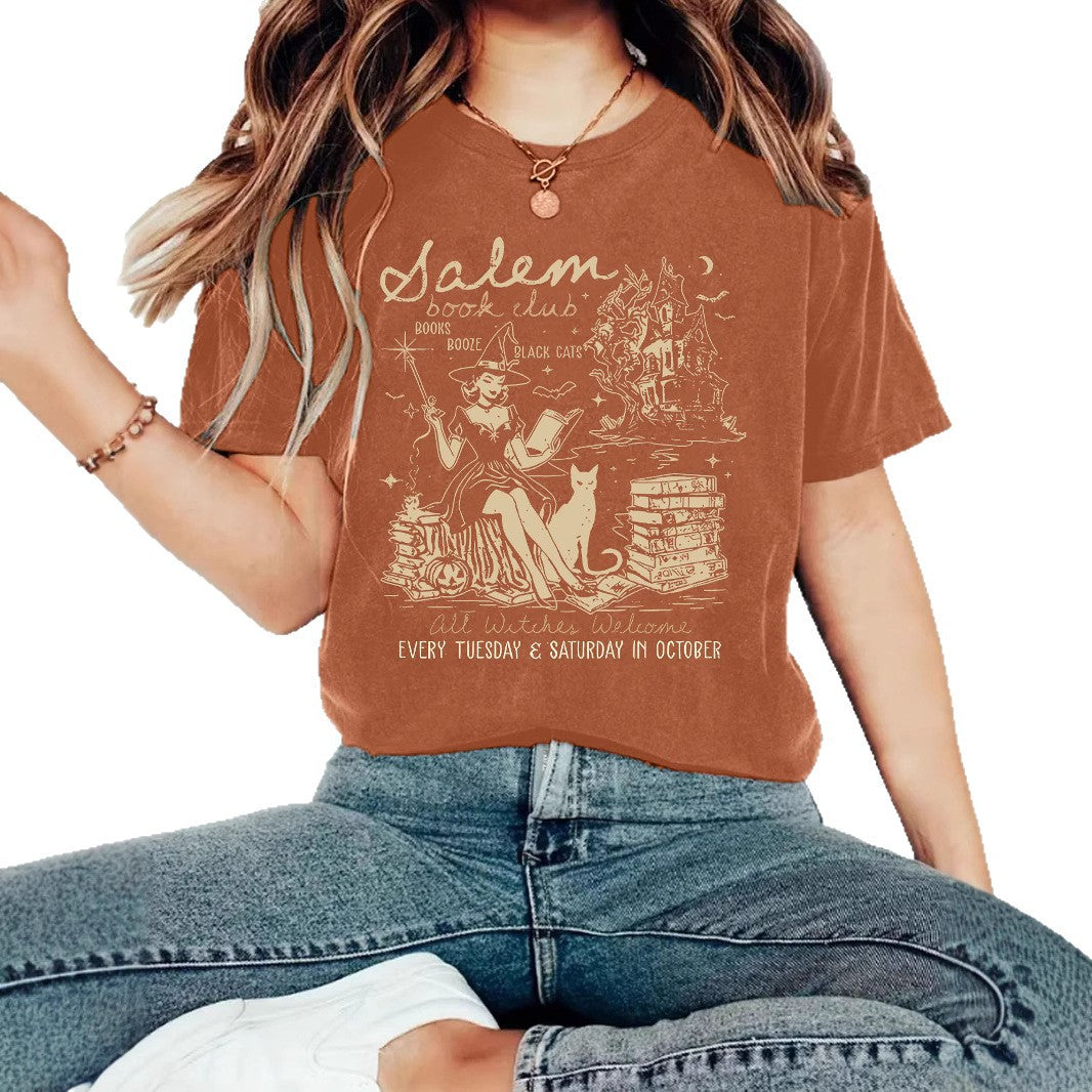 Women's Summer Salem Witch Pattern Halloween Printed Round Neck Women's T-shirt