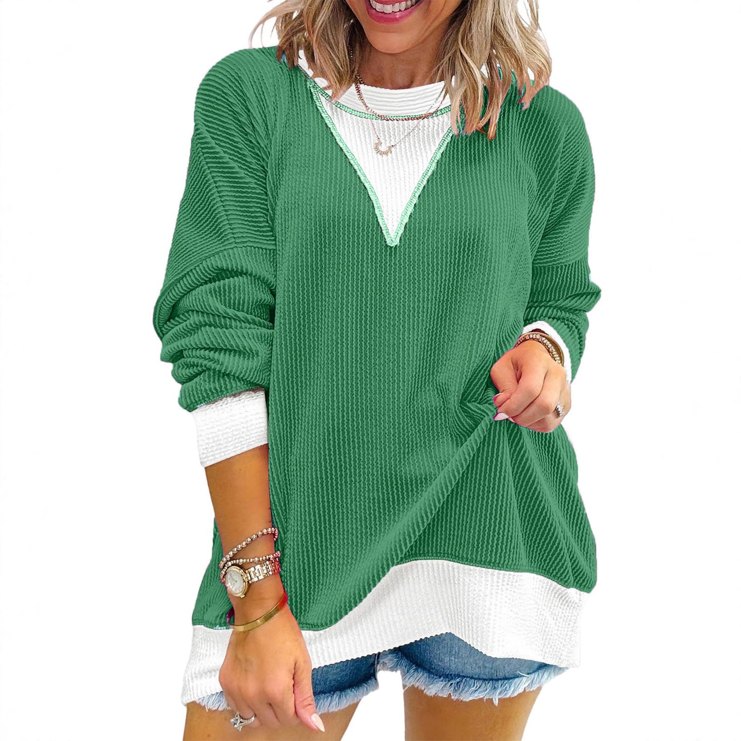 Women's Casual Loose Color Matching Round Neck Long Women's Sweater, Sweater