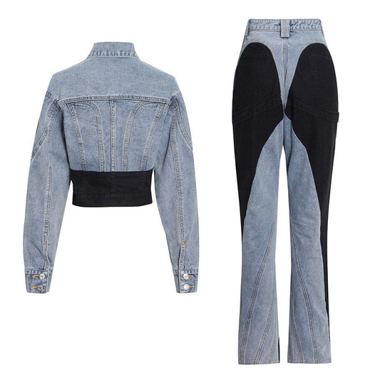 Style Niche Two-piece Set Stitching Denim Suits