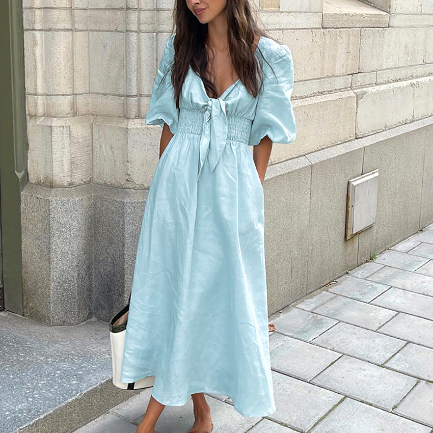Women's Linen Dress French Autumn Puff Sleeve High Waist Dresses