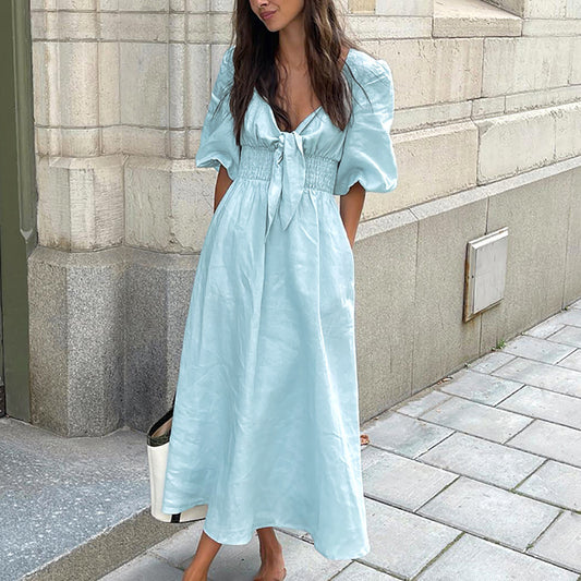 Women's Linen Dress French Autumn Puff Sleeve High Waist Dresses