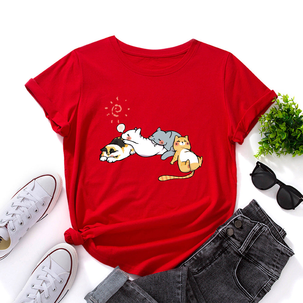 Women's Sleeping Cat Printing Loose Round Neck Sleeve Women's T-shirt