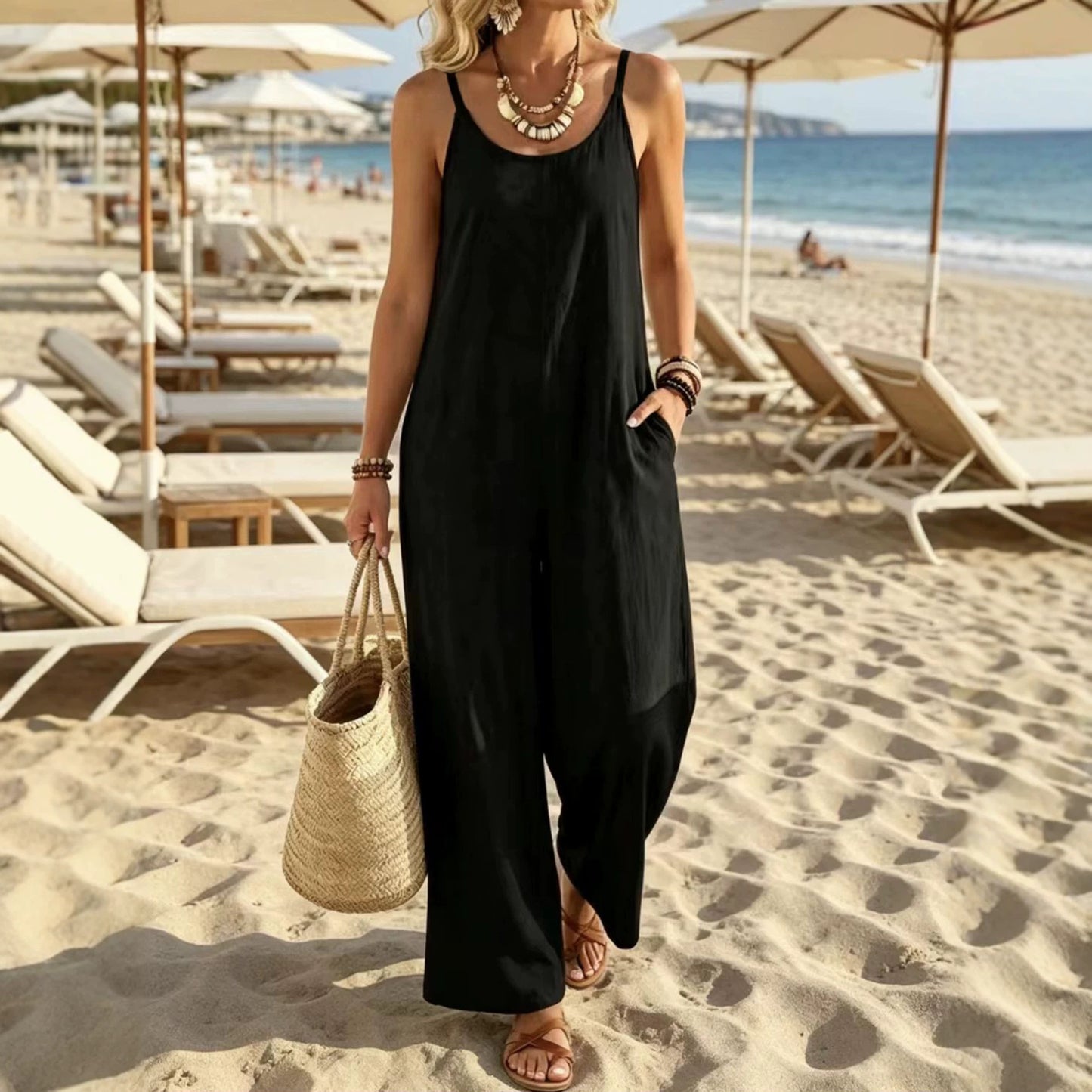 Women's Summer Casual Vacation Style Loose Sling Solid Jumpsuits