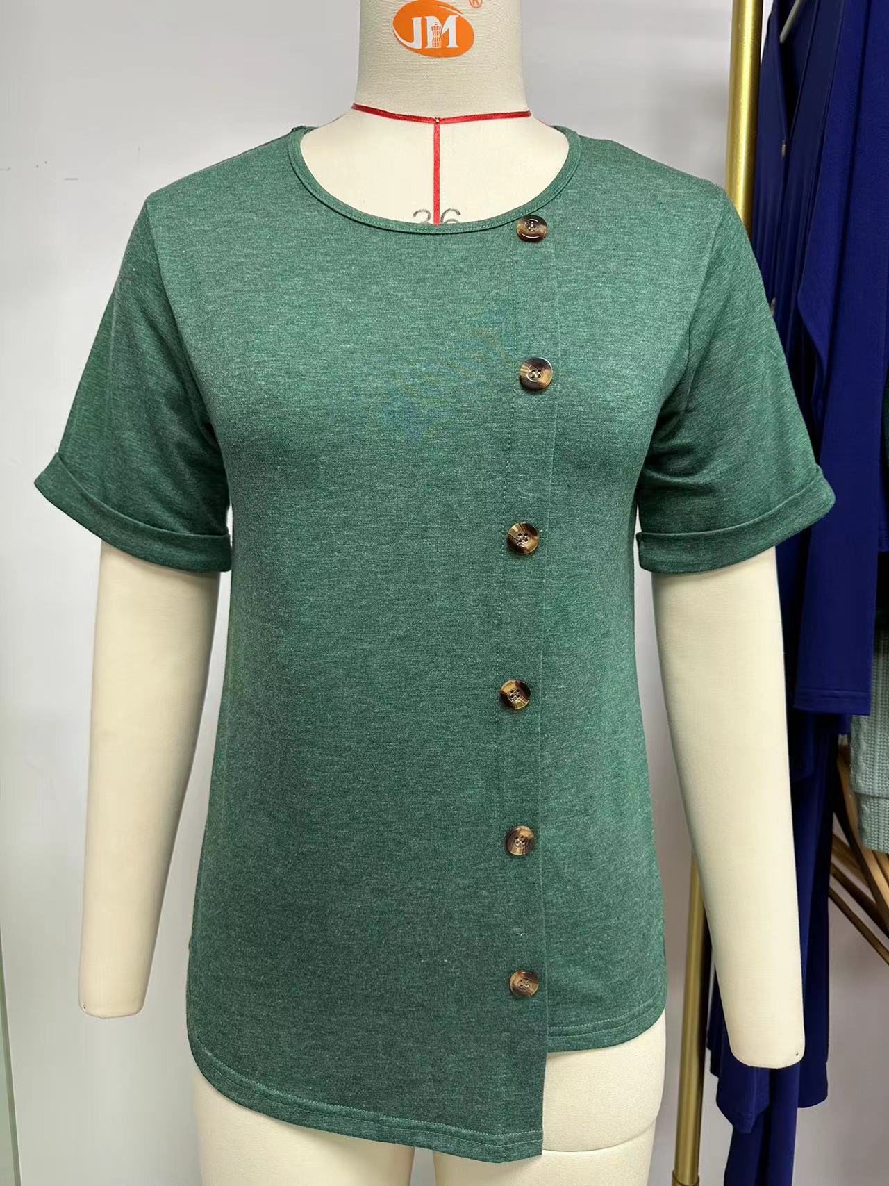 Color Round Neck Button Irregular Hem Women's T-shirt