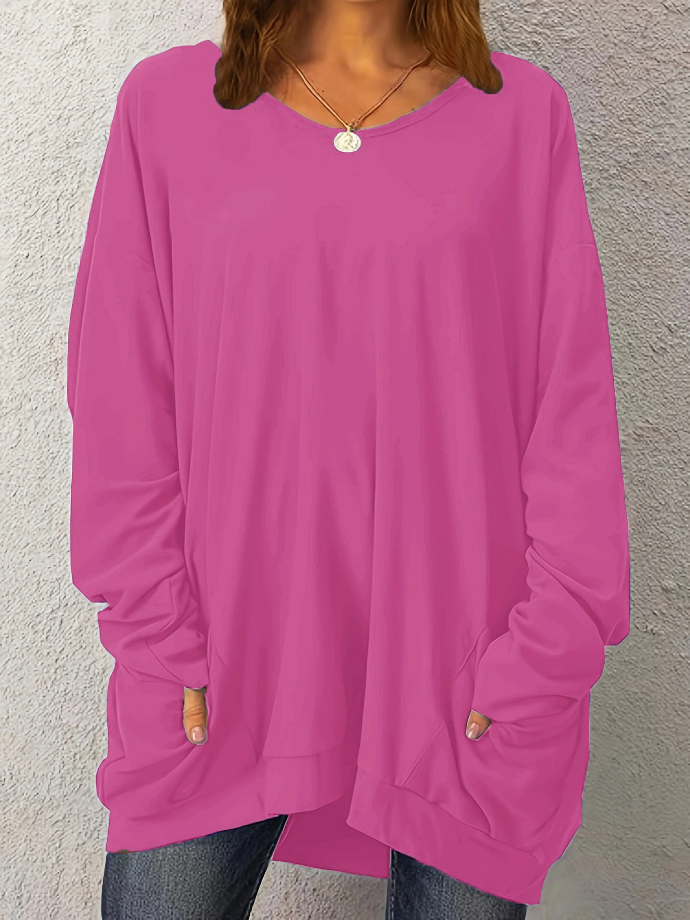 Women's Pullover Long-sleeved Double Pocket Solid Color Tops