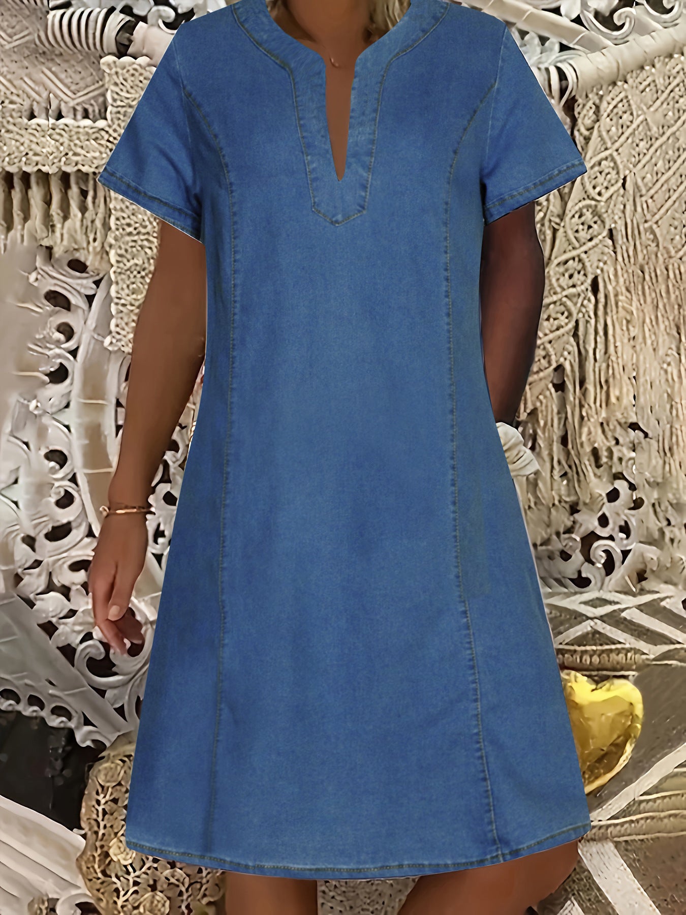 Women's Denim Dress With Collar Pleated Pockets Dresses