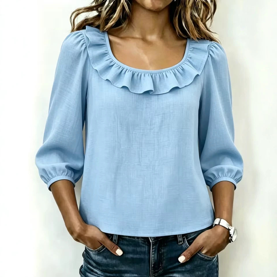 Women's Spring Fashion Simple Square Collar Versatile Women's T-shirt