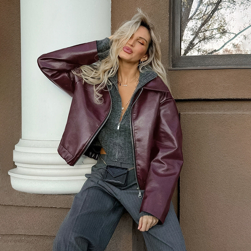 Women's Retro Style Wine Red Leather Autumn Jackets