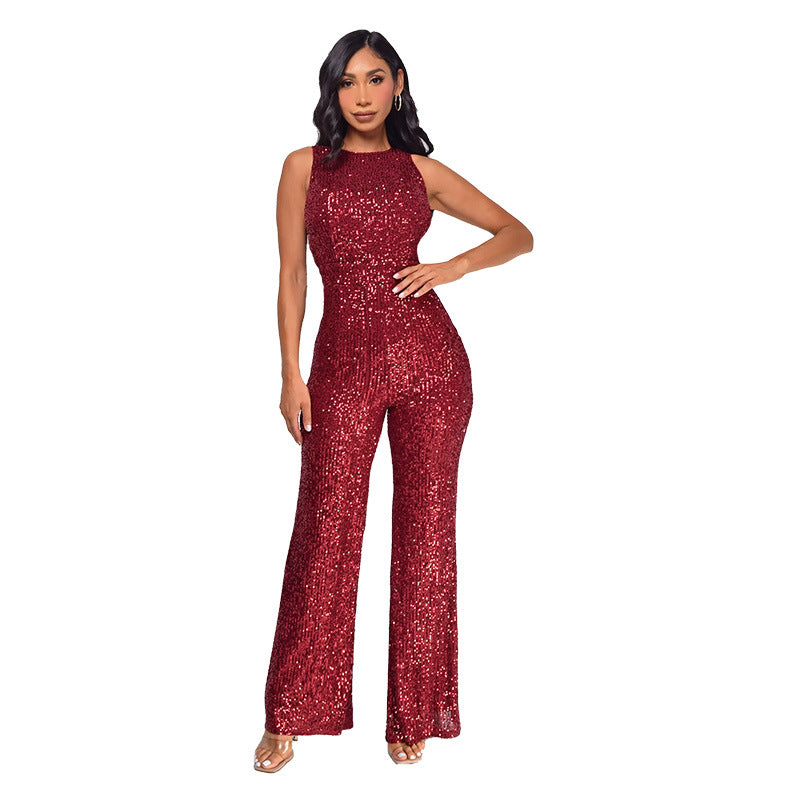 Women's Wind Sleeveless Sequined Round Neck Slim Jumpsuits