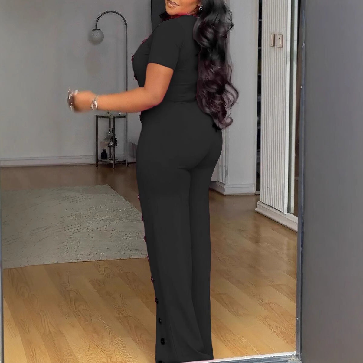 Irregular Neckline Waist Wide Leg Breasted Jumpsuits