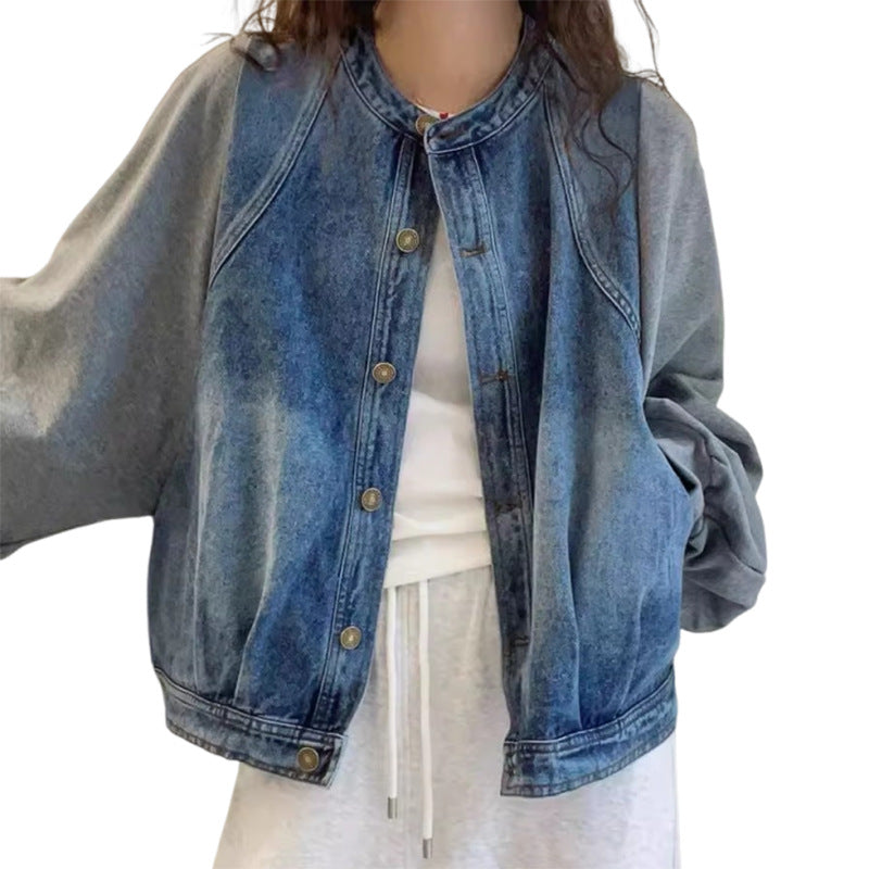 Two Pieces Patchwork Denim Loose Collarless Round Jackets