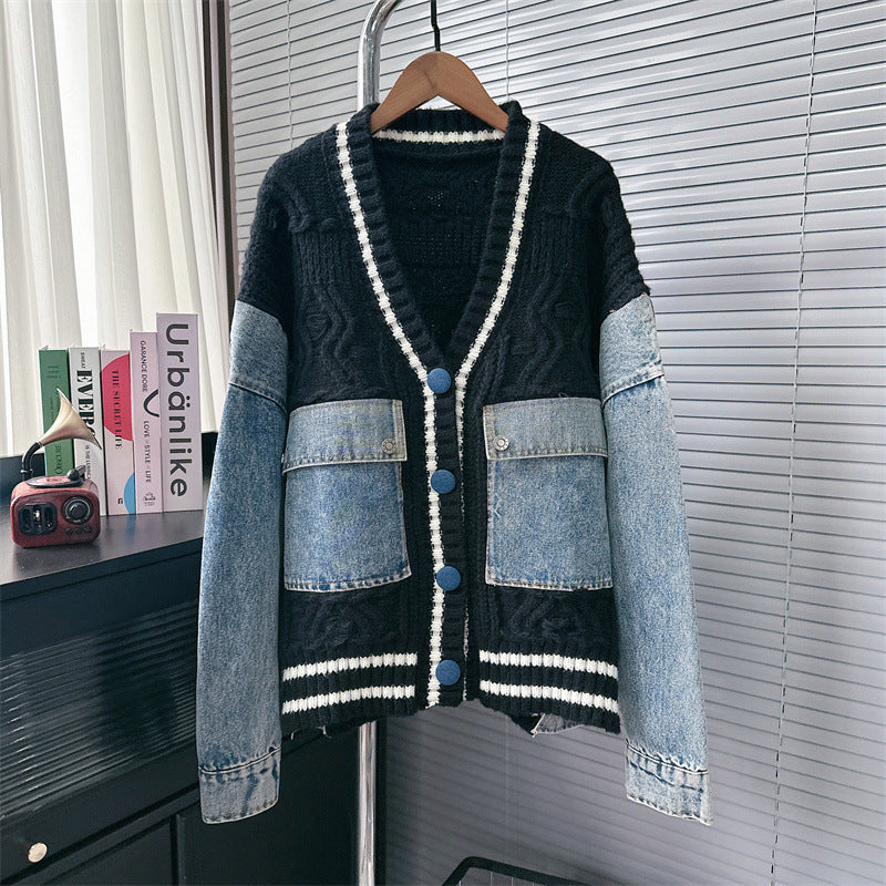 Women's Denim Patchwork Knitting Clothes Thickening Leisure Knitwear