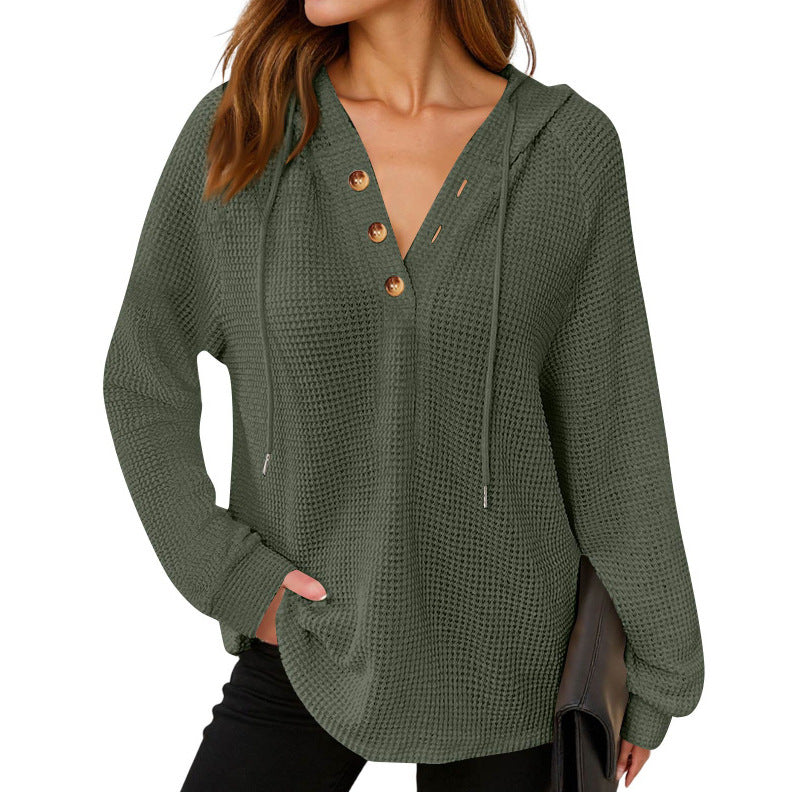 Women's Solid Color Waffle Hooded Button Loose Long Women's Sweater, Sweater