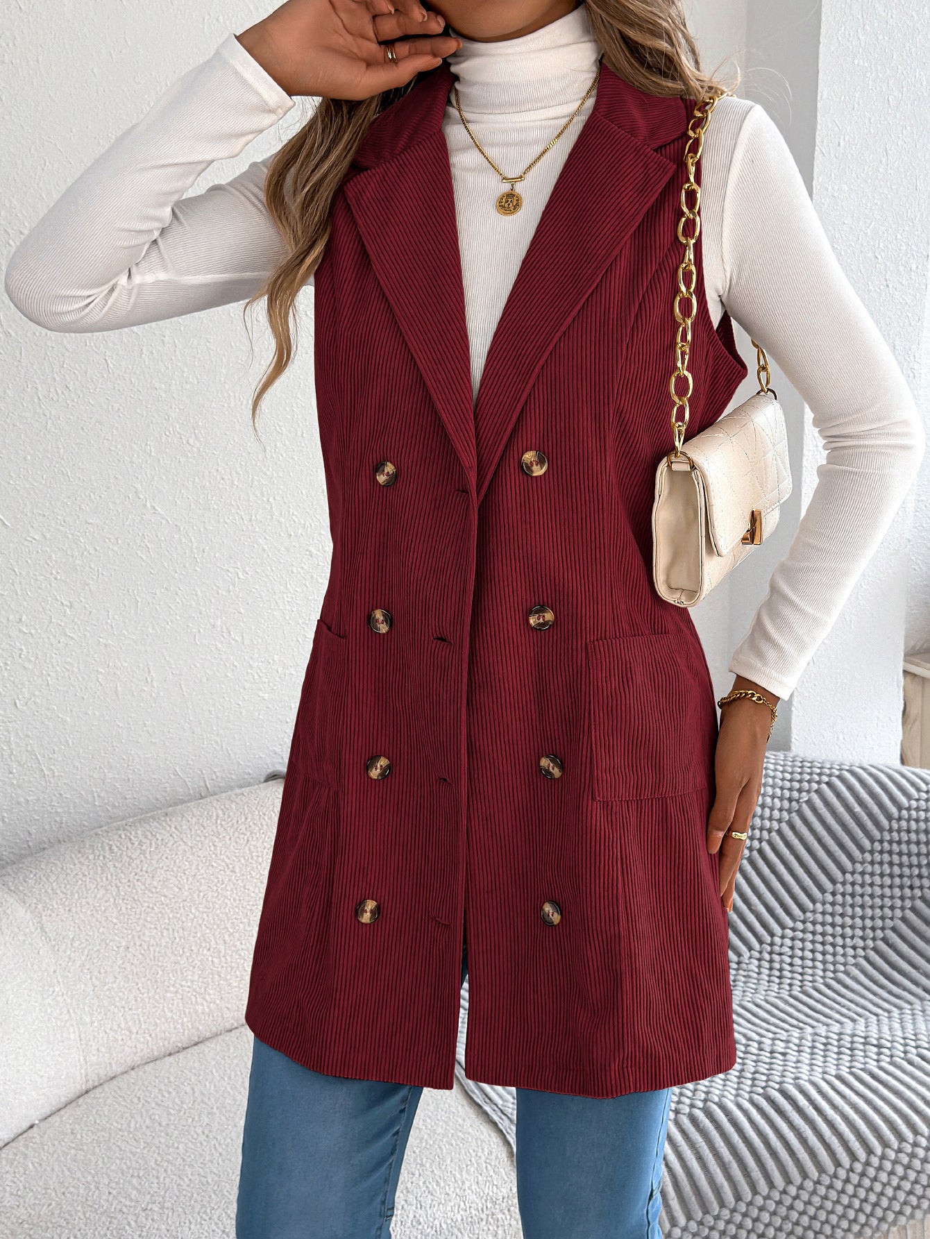 Women's Solid Color Double Breasted Pocket Corduroy Vests