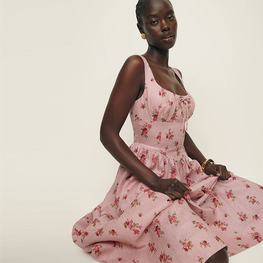 Women's Linen Pink Square Collar Mid-length Vacation Style Dresses