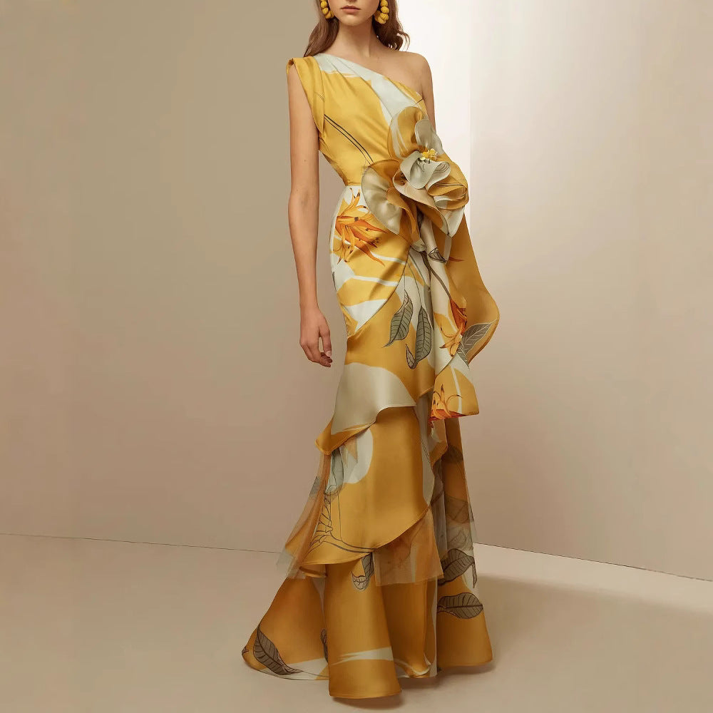 Goods French Retro High Switchover Temperament Casual Printing Sloping Dresses