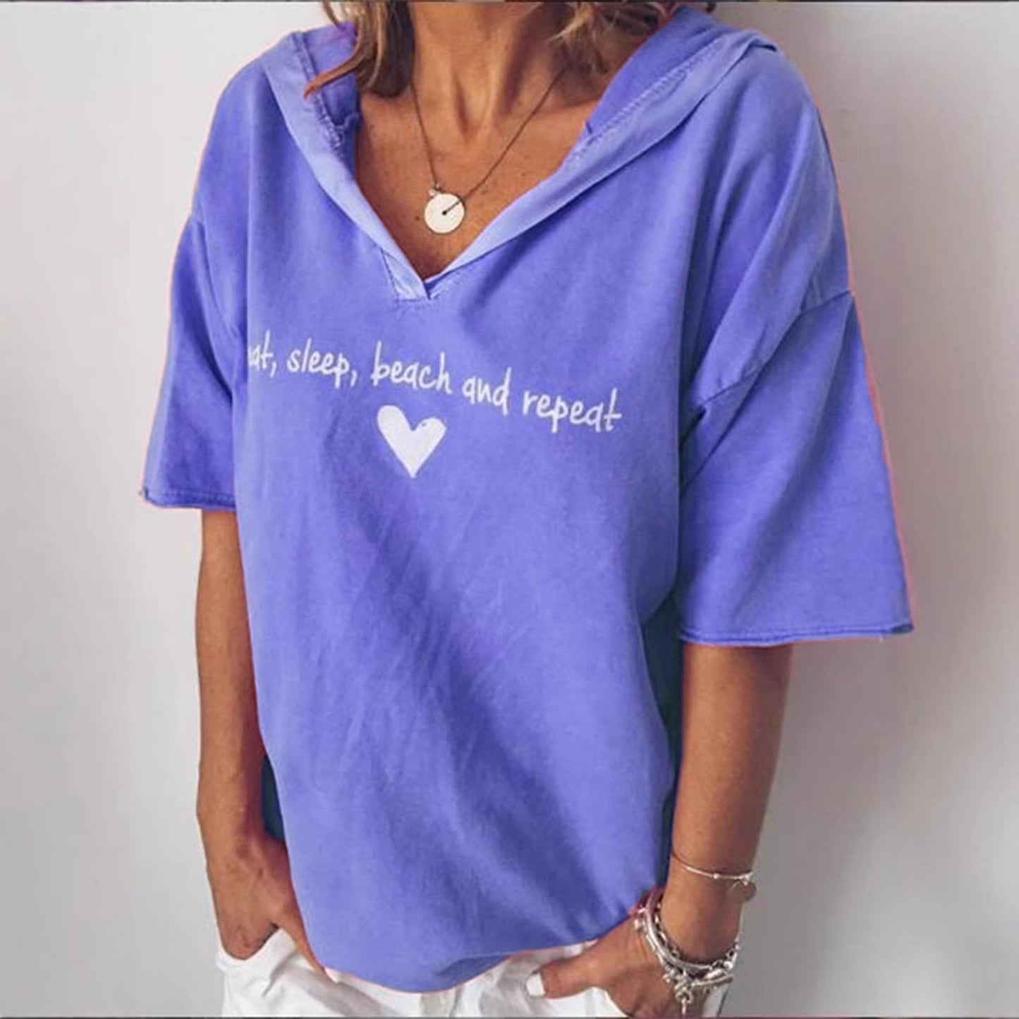 Women's Solid Color Letter Print Hooded Short-sleeved Women's T-shirt