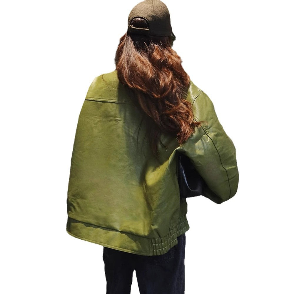 Personality Turn-down Collar Green Leather Temperament Jackets
