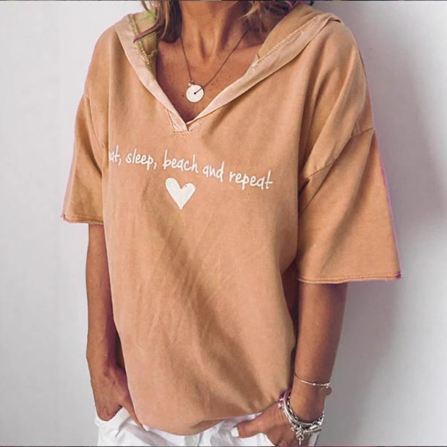Women's Solid Color Letter Print Hooded Short-sleeved Women's T-shirt