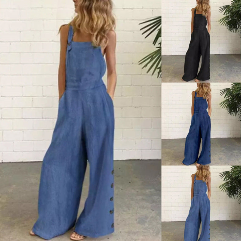 Women's Color Sleeveless Side Pocket Casual Wide Leg Women's Jumpsuit/clothing